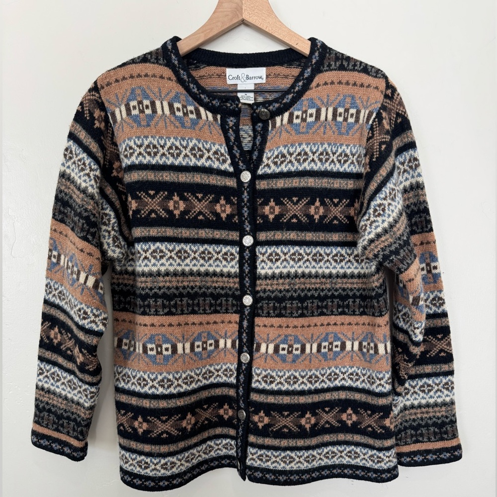 Vintage‎ Croft & Barrow 100% Wool Fair Isle Nordic Cardigan Sweater Size M